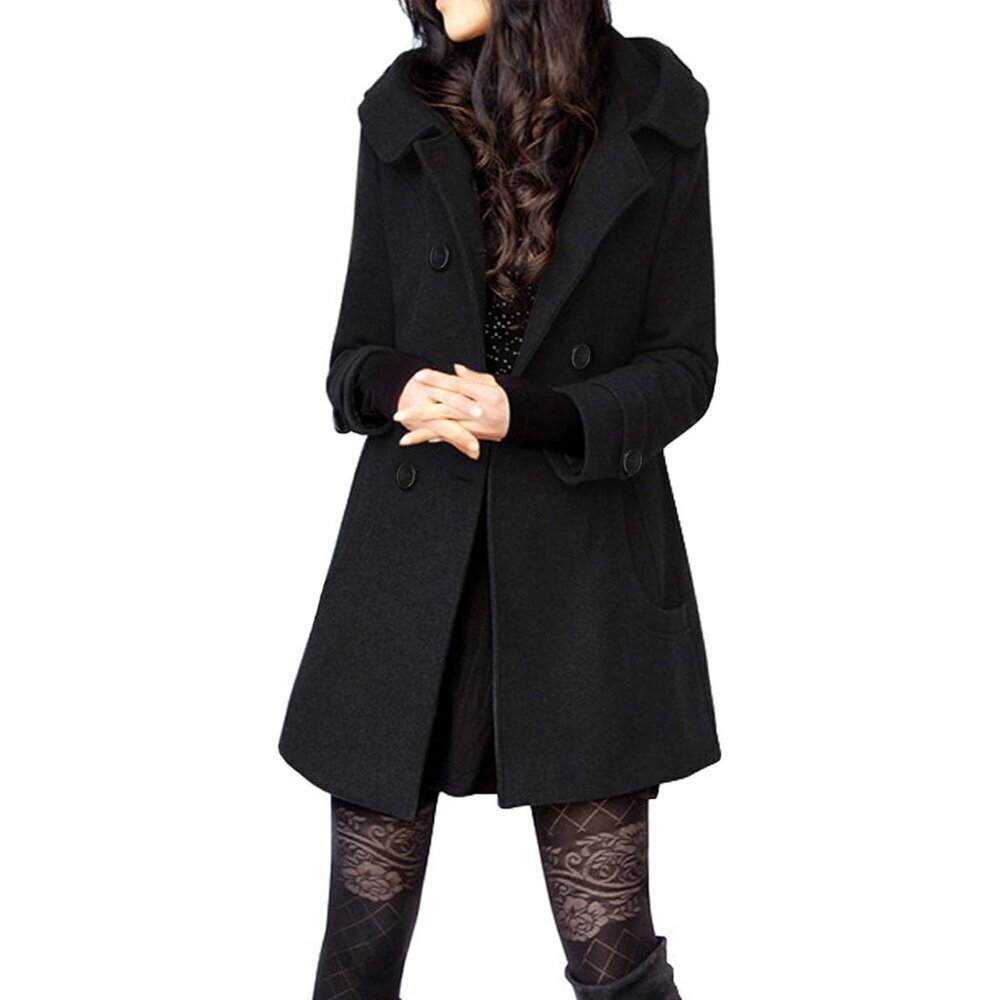🆕Women's Black Warm Double Breasted Wool Pea Coat Trench Coat Jacket with Hood